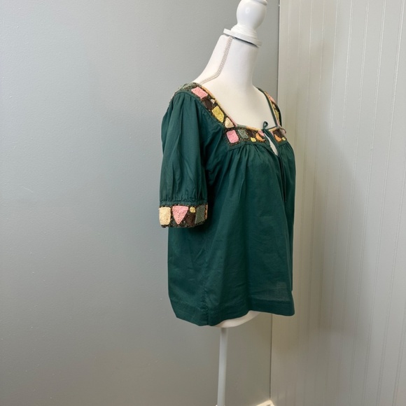 Old Navy teal embroidered  crochet neck puffed sleeves line size Small - Picture 2 of 8